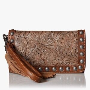 Nocona Blazin Roxx Ariana Western Floral Embossed Clutch Wallet Brown